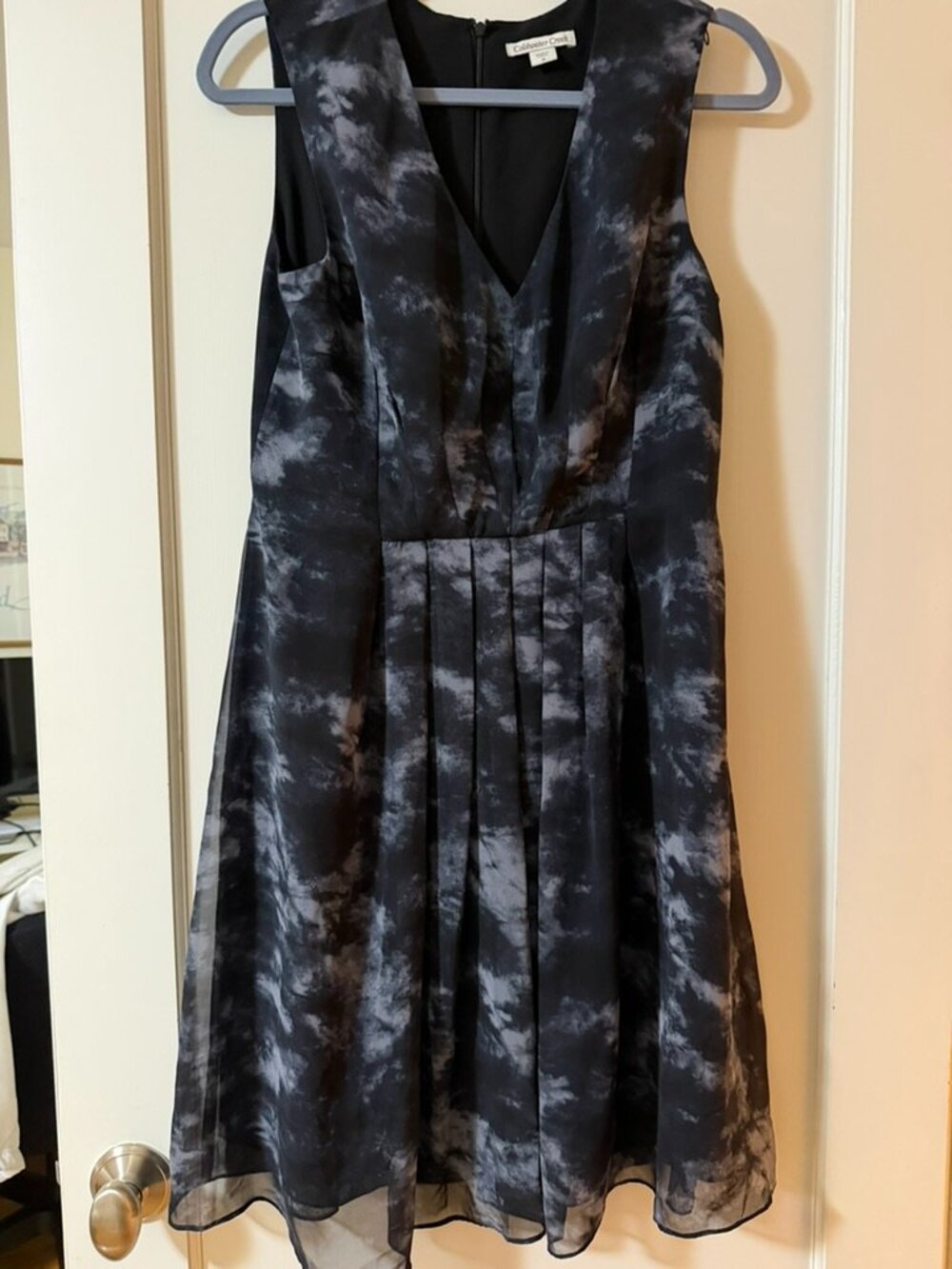 Sleeveless Coldwater Creek dress, blue & black, lined, pleated skirt, sz 8